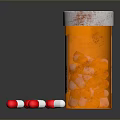 Orange Pill Bottle With White Label And Scattered Red White Capsules