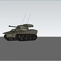 Military Tank With Gun Barrel Driving On Wet Open Ground At Sunset With Orange Clouds