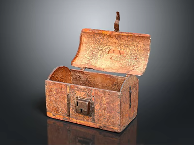 Vintage Carved Brown Trunk With Open Lid Metal Lock And Handle 3d model
