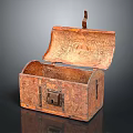 Vintage Carved Brown Trunk With Open Lid Metal Lock And Handle