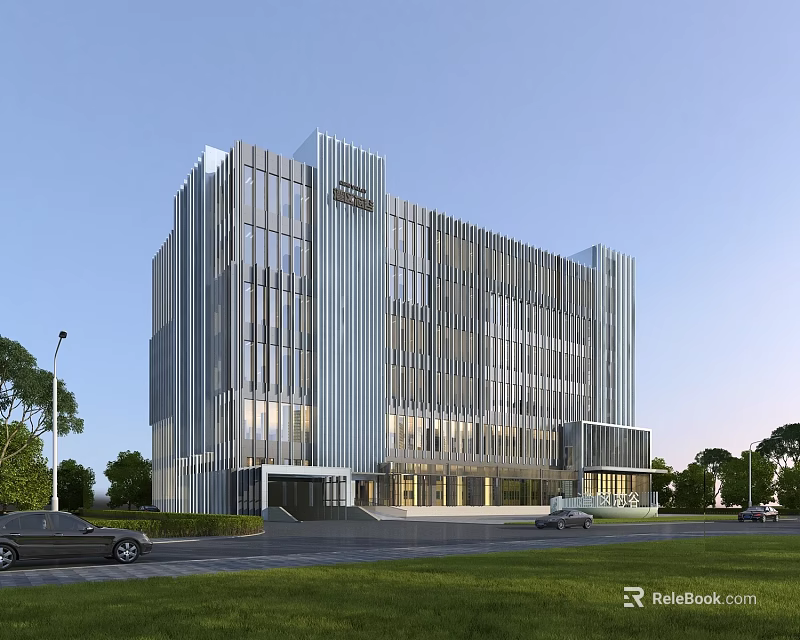 Modern Industrial Factory Building With Multi Story Glass Curtain Walls And Landscaped Surroundings 3d model 