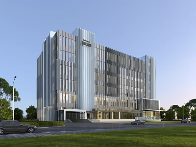 Modern Industrial Factory Building With Multi Story Glass Curtain Walls And Landscaped Surroundings 3d model