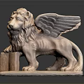 Classic Winged Lion Statue With Intricate Design And Stone Pedestal Base