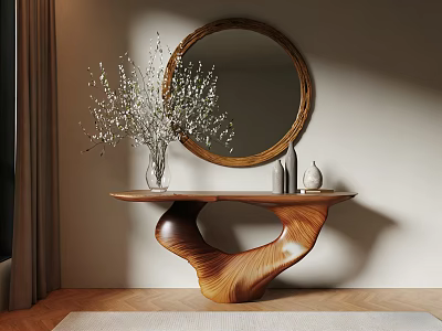 Modern Entryway Side Cabinet With Round Mirror Vase White Branches And Wooden Design 3d model