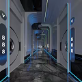 Modern Office Corridor Interior With Blue Lighting Digital Numbers 888 And Futuristic Design