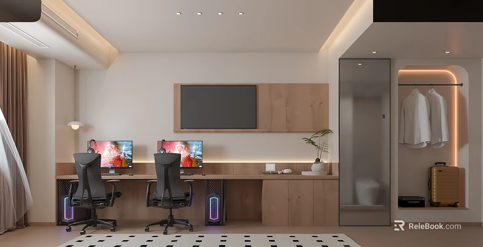 Hotel Guest Room Featuring Dual Workstations Ergonomic Chairs Computer Monitors Wooden Cabinetry And Glass Partition 3d model 
