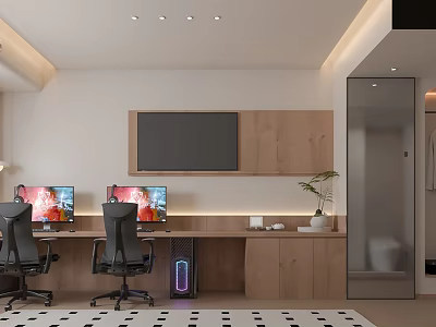 Hotel Guest Room Featuring Dual Workstations Ergonomic Chairs Computer Monitors Wooden Cabinetry And Glass Partition 3d model