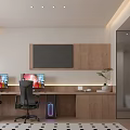 Hotel Guest Room Featuring Dual Workstations Ergonomic Chairs Computer Monitors Wooden Cabinetry And Glass Partition