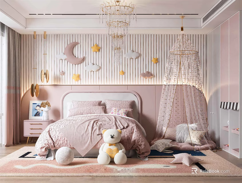 Pink Kids Room Interior Design With Moon Star Decor Canopy Bed Stuffed Toys And Chandelier 3d model 