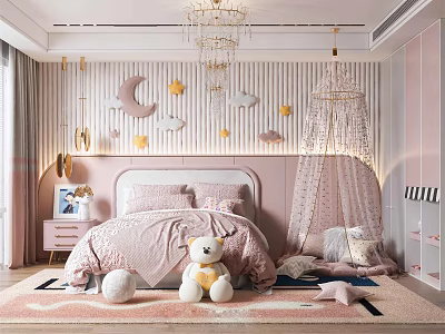 Pink Kids Room Interior Design With Moon Star Decor Canopy Bed Stuffed Toys And Chandelier 3d model