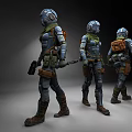Sci Fi Game Movie Characters In Armor With Tactical Backpacks Holding Weapons From Different Angles 3d model