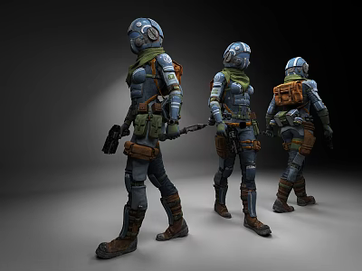 Sci Fi Game Movie Characters In Armor With Tactical Backpacks Holding Weapons From Different Angles 3d model