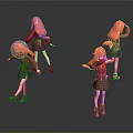 Pink Haired Girl Character 3D Model in Different Poses with Black Background and Reflections