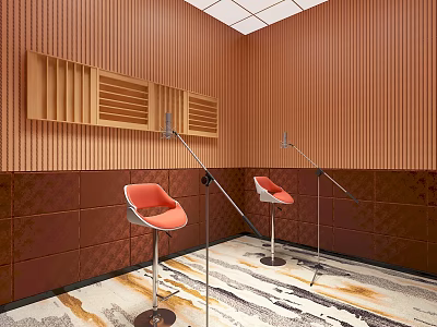Professional Recording Studio With Wooden Panel Walls Orange Bar Stools And Microphones 3d model