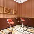 Professional Recording Studio With Wooden Panel Walls Orange Bar Stools And Microphones