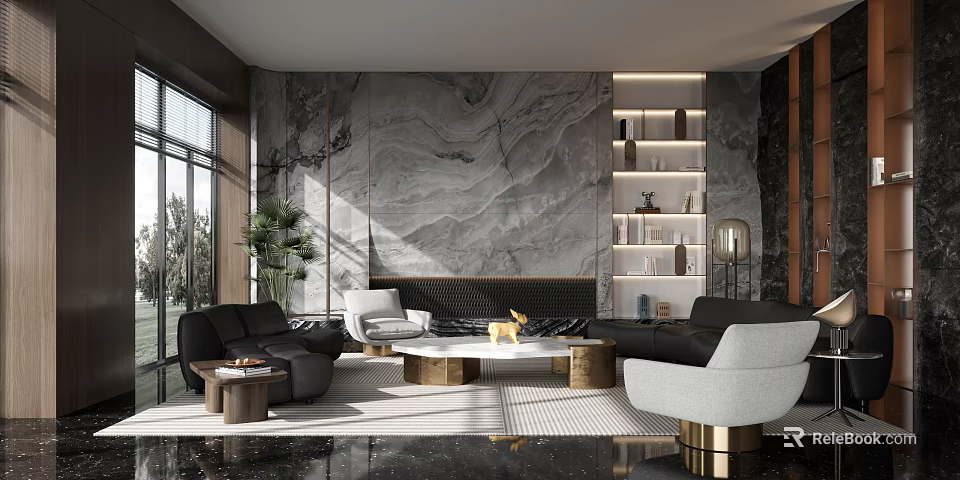 Elegant Modern Sales Office Lounge With Marble Accent Wall And Premium Comfortable Leather Sofas 3d model 