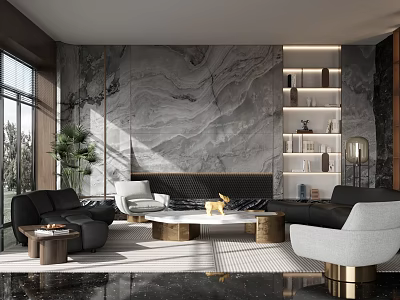 Elegant Modern Sales Office Lounge With Marble Accent Wall And Premium Comfortable Leather Sofas 3d model