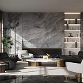 Elegant Modern Sales Office Lounge With Marble Accent Wall And Premium Comfortable Leather Sofas