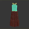 Elegant Women's Sleeveless Green Dress With Decorated Collar And Patterned Layered Long Skirt