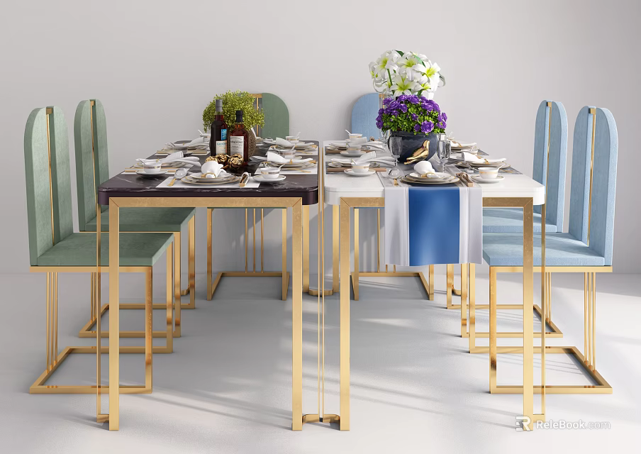 Dining Table Set Featuring Green And Blue Chairs Gold Metal Frames Tableware With Flower Vases 3d model