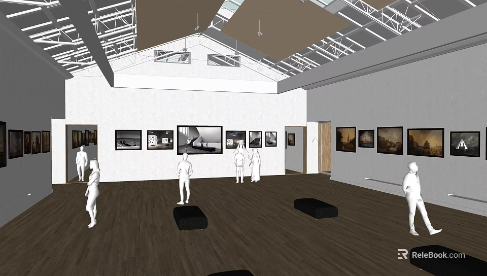 Spacious Art Gallery Exhibition Space With Wall Artworks Human Figures Metal Ceiling And Wooden Floor 3d model 