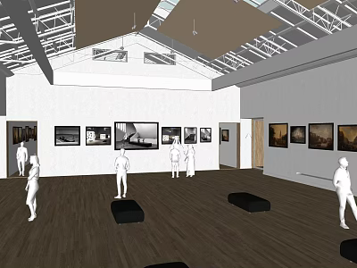 Spacious Art Gallery Exhibition Space With Wall Artworks Human Figures Metal Ceiling And Wooden Floor 3d model