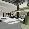 Modern Sales Office Open Space With Green Plants Curved Design Sofas And Large Glass Windows