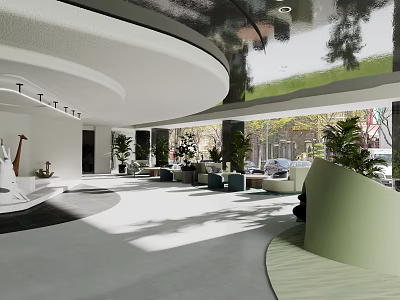 Modern Sales Office Open Space With Green Plants Curved Design Sofas And Large Glass Windows 3d model