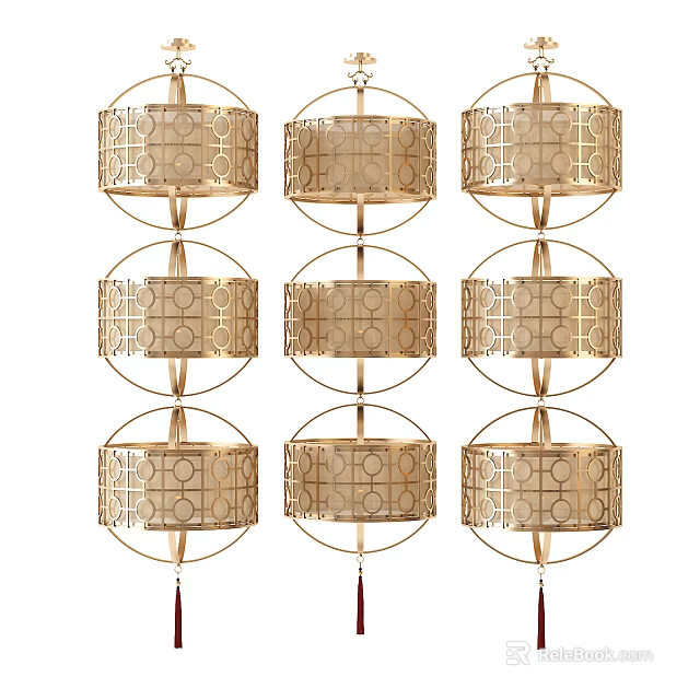 Elegant Golden Multi Tiered Chandeliers With Intricate Pattern And Tassel Details 3d model 