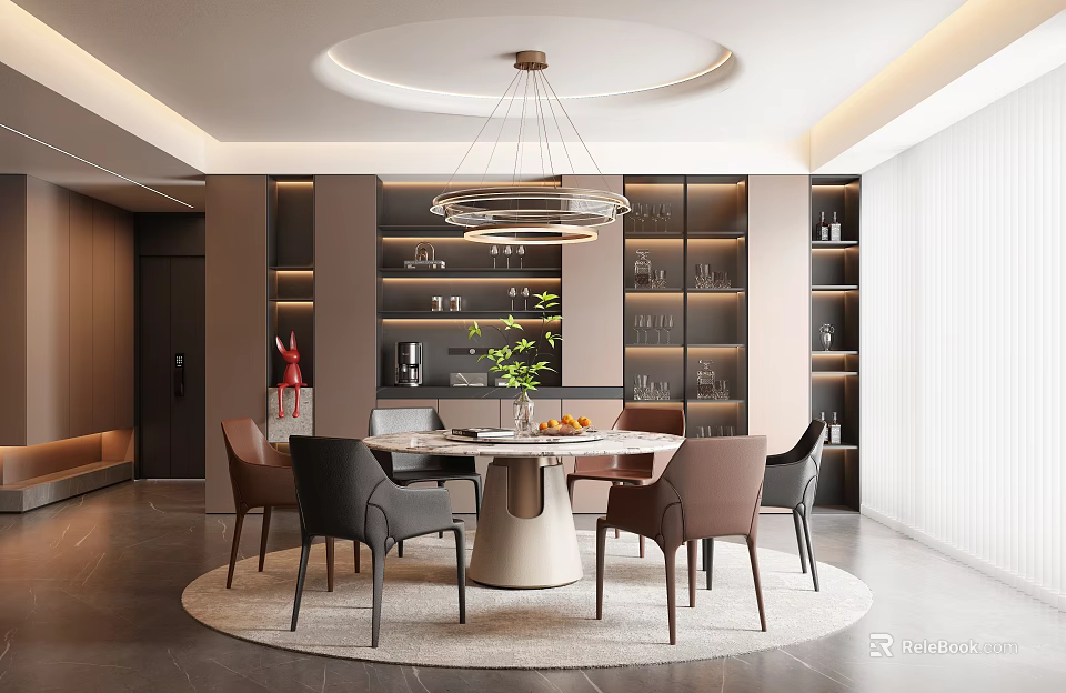 Modern Restaurant Interior With Round Dining Table Various Colored Chairs Circular Pendant Light Wine Cabinets 3d model 