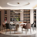 Modern Restaurant Interior With Round Dining Table Various Colored Chairs Circular Pendant Light Wine Cabinets