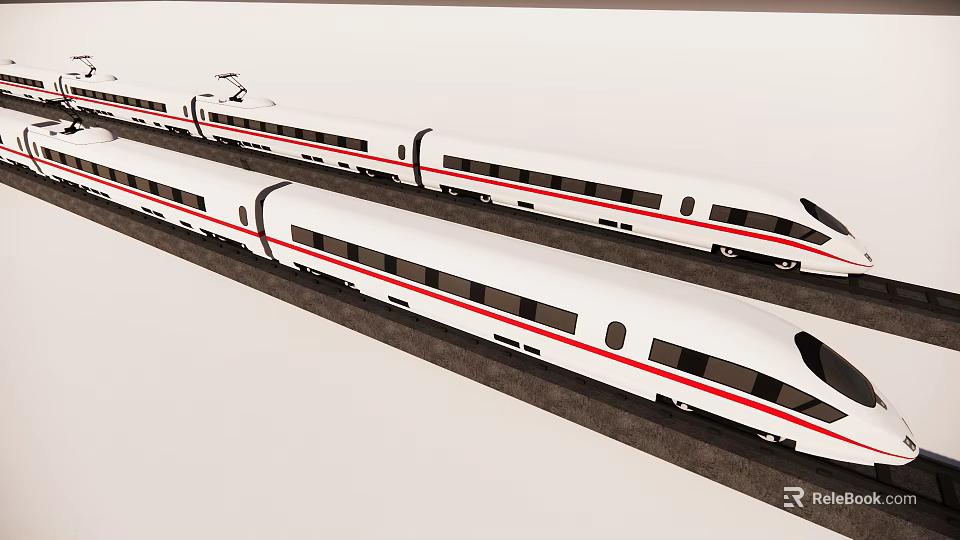 Two Modern White High-Speed Trains With Sleek Design Parked On Railway Track 3d model 