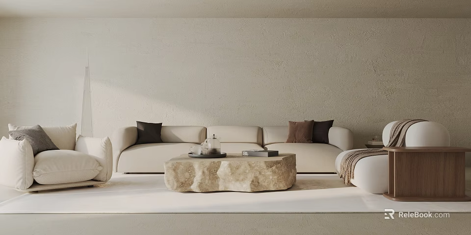 Neutral Toned Sofa And Coffee Table Set With Decorative Pillows And Tray 3d model 