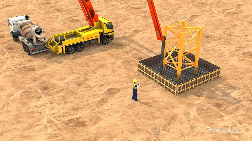 Construction Site With Crane Truck Worker And Metal Frame Foundation 3d model 