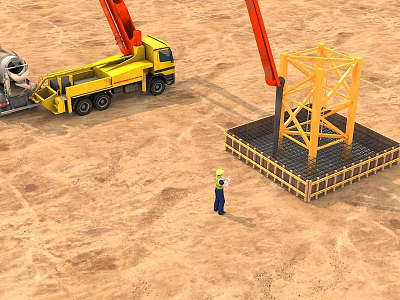 Construction Site With Crane Truck Worker And Metal Frame Foundation 3d model