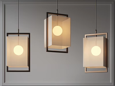Modern Pendant Lights With Wooden Frames Square Shades And Round Bulbs On Gray Wall 3d model