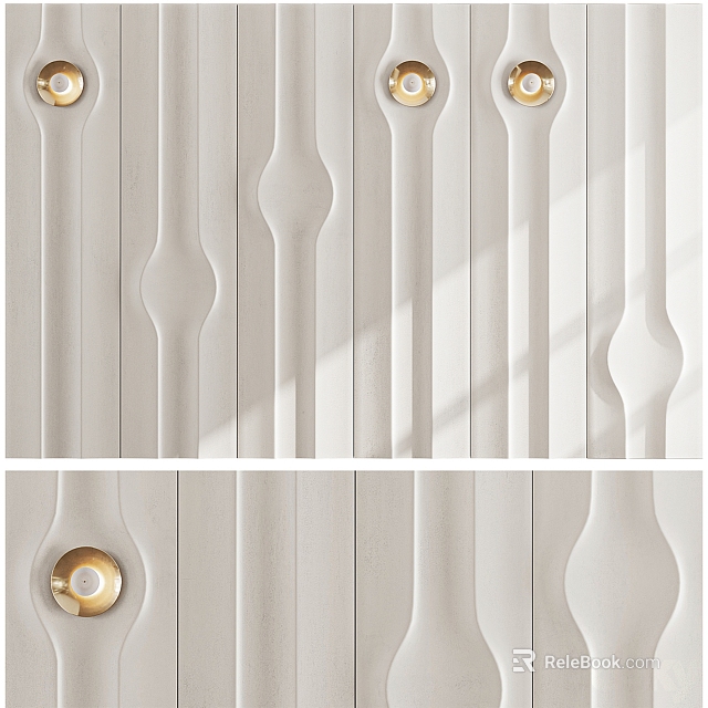 Modern Elegant White Background Wall With 3D Textured Lines And Gold Round Decorative Accents 3d model 