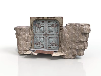 Ancient Style Building With Blue Carved Door And Stone Structure 3d model