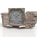 Ancient Style Building With Blue Carved Door And Stone Structure