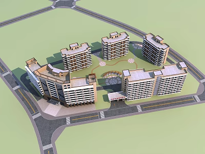 Modern Residential Complex With Circular Layout Central Garden And Roads 3d model