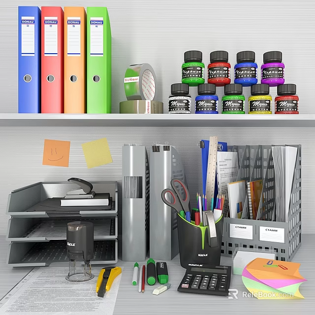 Organized Office Supplies Setup With Colorful Folders Tape And Stationery Items 3d model 