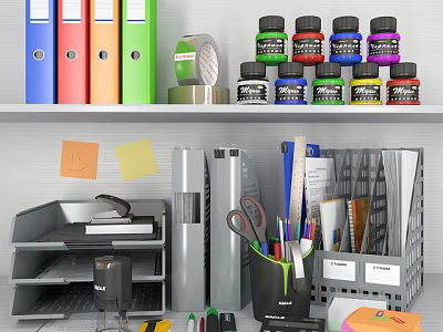 Organized Office Supplies Setup With Colorful Folders Tape And Stationery Items 3d model