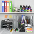 Organized Office Supplies Setup With Colorful Folders Tape And Stationery Items