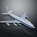 White Airplane Model With Blue Stripe Four Engines Russian Flag On Tail Dark Background Reflection