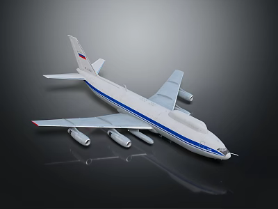 White Airplane Model With Blue Stripe Four Engines Russian Flag On Tail Dark Background Reflection 3d model