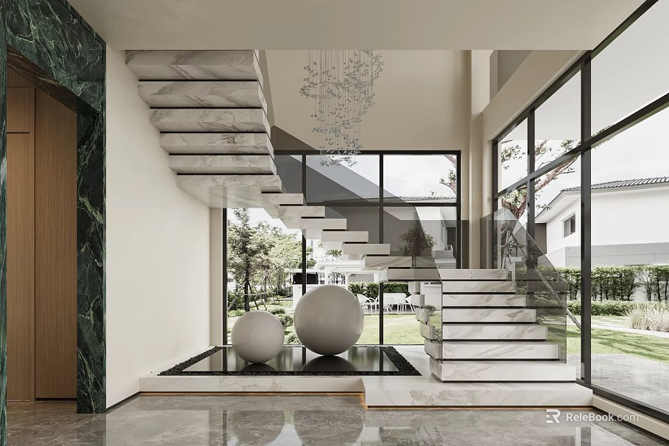 Modern Interior Design Featuring Marble Staircase Glass Railing Spherical Decor Large Windows And Outdoor View 3d model 