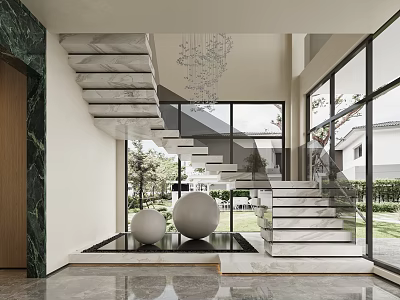 Modern Interior Design Featuring Marble Staircase Glass Railing Spherical Decor Large Windows And Outdoor View 3d model