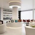 Modern Dining Space With Long Table Orange Chairs Black TV Pink Wall And White Blinds