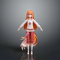 Anime Game Character With Orange Long Hair White Top Red Pants And Long Tail