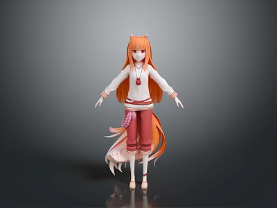 Anime Game Character With Orange Long Hair White Top Red Pants And Long Tail 3d model